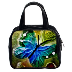 Blue Spotted Butterfly Art In Glass With White Spots Classic Handbags (2 Sides) by Nexatart