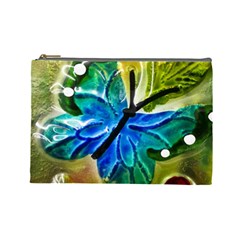 Blue Spotted Butterfly Art In Glass With White Spots Cosmetic Bag (large)  by Nexatart