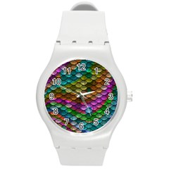 Fish Scales Pattern Background In Rainbow Colors Wallpaper Round Plastic Sport Watch (M)