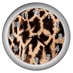 Giraffe Texture Yellow And Brown Spots On Giraffe Skin Wall Clocks (Silver)  Front