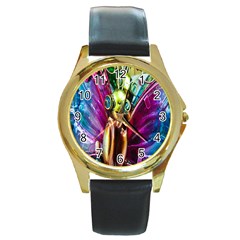 Magic Butterfly Art In Glass Round Gold Metal Watch by Nexatart