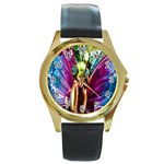 Magic Butterfly Art In Glass Round Gold Metal Watch Front