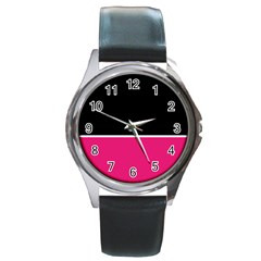 Black Pink Line White Round Metal Watch by Mariart