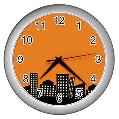 City Building Orange Wall Clocks (silver)  by Mariart