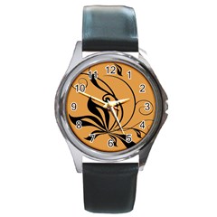 Black Brown Floral Symbol Round Metal Watch by Mariart