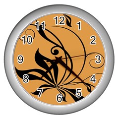 Black Brown Floral Symbol Wall Clocks (silver) 