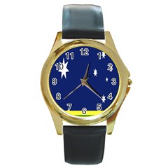 Flag Star Blue Green Yellow Round Gold Metal Watch by Mariart