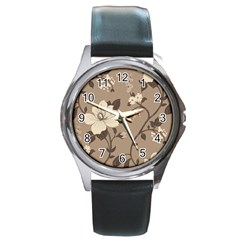 Floral Flower Rose Leaf Grey Round Metal Watch by Mariart