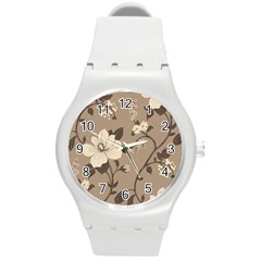 Floral Flower Rose Leaf Grey Round Plastic Sport Watch (m) by Mariart