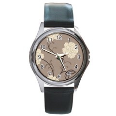 Flower Floral Black Grey Rose Round Metal Watch