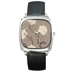 Flower Floral Black Grey Rose Square Metal Watch