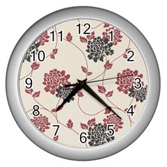 Flower Floral Black Pink Wall Clocks (silver)  by Mariart