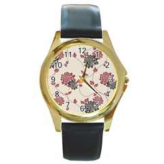 Flower Floral Black Pink Round Gold Metal Watch by Mariart