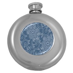 Flower Floral Blue Rose Star Round Hip Flask (5 Oz) by Mariart