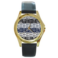 Digital Print Scrapbook Flower Leaf Colorgray Black Purple Blue Round Gold Metal Watch by Mariart