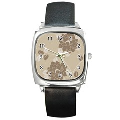 Flower Floral Grey Rose Leaf Square Metal Watch by Mariart