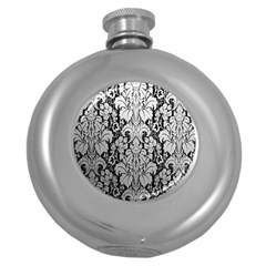 Flower Floral Grey Black Leaf Round Hip Flask (5 Oz) by Mariart