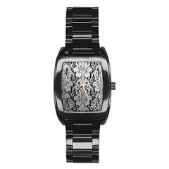 Flower Floral Grey Black Leaf Stainless Steel Barrel Watch by Mariart