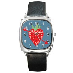 Fruit Red Strawberry Square Metal Watch by Mariart