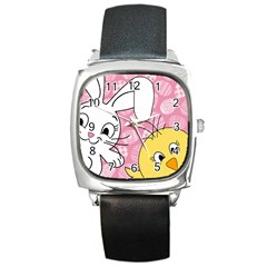 Easter Bunny And Chick  Square Metal Watch by Valentinaart