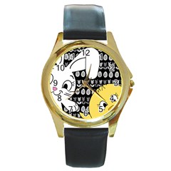 Easter Bunny And Chick  Round Gold Metal Watch