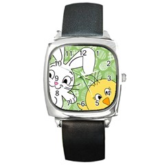 Easter Bunny And Chick  Square Metal Watch by Valentinaart