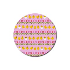 Easter - Chick And Tulips Rubber Coaster (round)  by Valentinaart