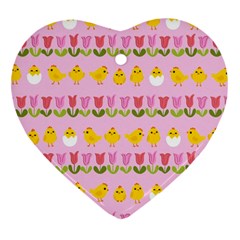 Easter - Chick And Tulips Heart Ornament (two Sides) by Valentinaart