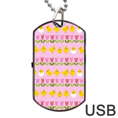 Easter - Chick And Tulips Dog Tag Usb Flash (one Side) by Valentinaart