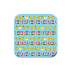 Easter - Chick And Tulips Rubber Square Coaster (4 Pack)  by Valentinaart