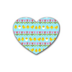 Easter - Chick And Tulips Rubber Coaster (heart)  by Valentinaart