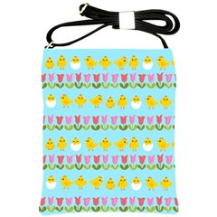 Easter - Chick And Tulips Shoulder Sling Bags by Valentinaart