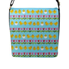 Easter - Chick And Tulips Flap Messenger Bag (l)  by Valentinaart