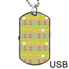 Easter - Chick And Tulips Dog Tag Usb Flash (one Side) by Valentinaart