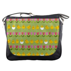 Easter - Chick And Tulips Messenger Bags by Valentinaart