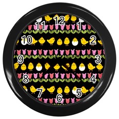 Easter - Chick And Tulips Wall Clocks (black) by Valentinaart