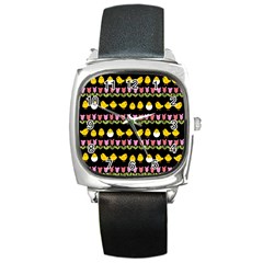 Easter - Chick And Tulips Square Metal Watch by Valentinaart