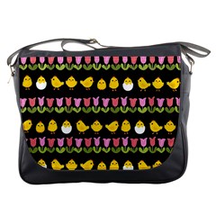 Easter - Chick And Tulips Messenger Bags by Valentinaart