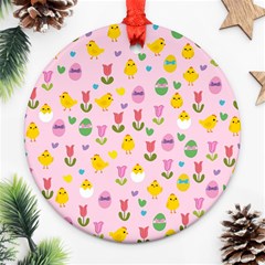 Easter - Chick And Tulips Ornament (round) by Valentinaart