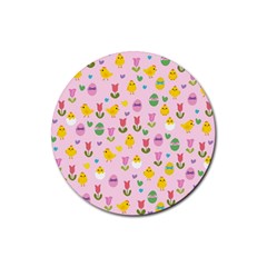 Easter - Chick And Tulips Rubber Round Coaster (4 Pack)  by Valentinaart