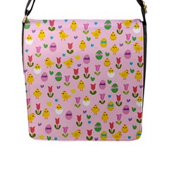 Easter - Chick And Tulips Flap Messenger Bag (l)  by Valentinaart