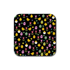 Easter - Chick And Tulips Rubber Square Coaster (4 Pack)  by Valentinaart