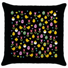 Easter - Chick And Tulips Throw Pillow Case (black) by Valentinaart