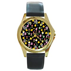 Easter - Chick And Tulips Round Gold Metal Watch by Valentinaart