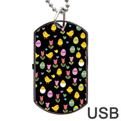 Easter - Chick And Tulips Dog Tag Usb Flash (one Side) by Valentinaart