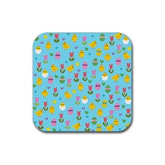 Easter - Chick And Tulips Rubber Coaster (square)  by Valentinaart