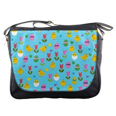 Easter - Chick And Tulips Messenger Bags by Valentinaart