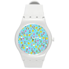 Easter - Chick And Tulips Round Plastic Sport Watch (m) by Valentinaart