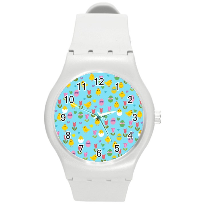 Easter - chick and tulips Round Plastic Sport Watch (M)