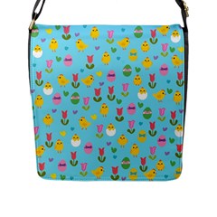 Easter - Chick And Tulips Flap Messenger Bag (l)  by Valentinaart